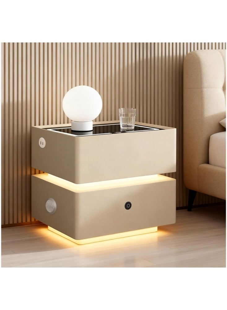 GGEROU Intelligent bedside table,Nightstand Fingerprint Lock,Nightstand With Light ,Smart Night Stand With Wireless Charging,Modern Nightstand With LED Light,Modern Bedside Table With Sensor Light khaki - Image 1